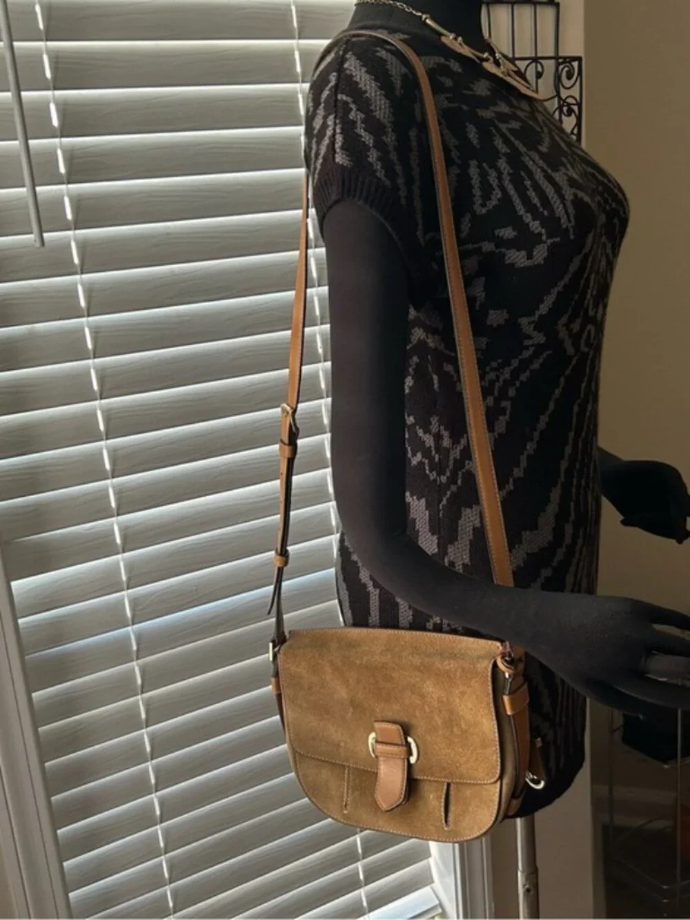 Classic Brown Suede Crossbody Bag with Tan Trim